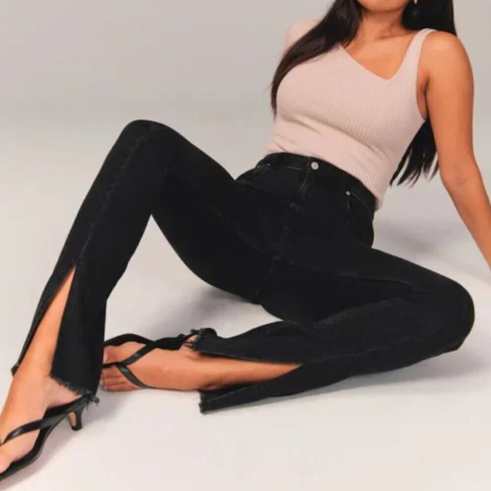 Abercrombie & Fitch Skinny High Rise Split Front Jeans In Washed Black Size 8